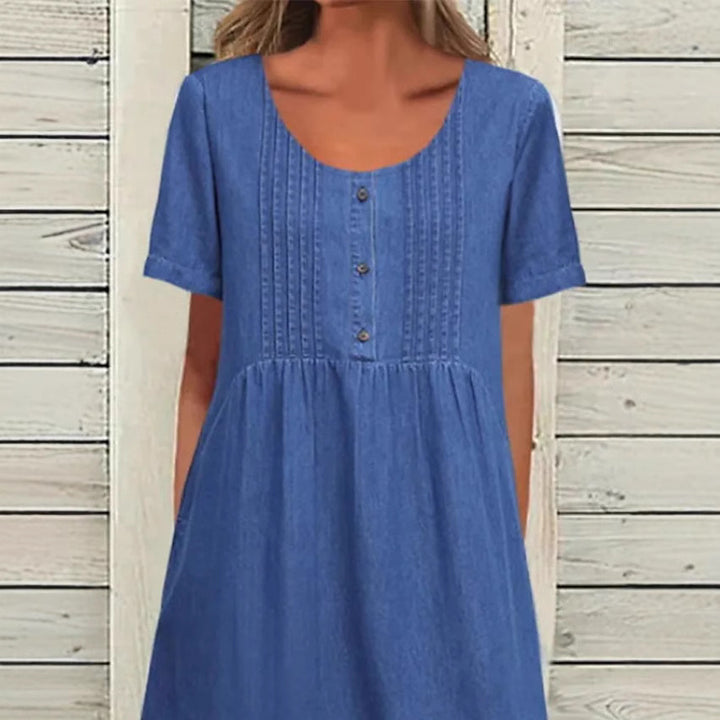 Damen nan locker sitzendes Midikleid im Denim-Look mit Rundhalsausschnitt, Brustbiesen und seitlichen Eingrifftaschen Echo Archiv
