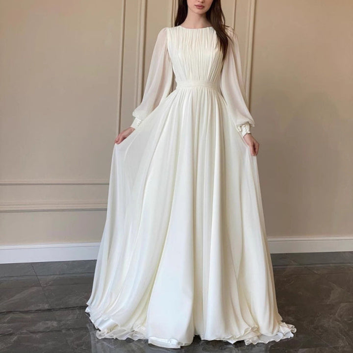 Echoarchiv | Durchsichtiges Weißes Hochzeitskleid Rundhalsausschnitt Lange Ärmel Kleid
