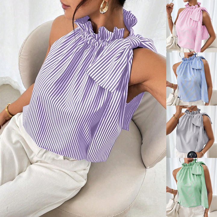 Damen Ärmellose Crêpe-Bluse mit gerafftem Stehkragen und Schulter-Schleife Echo Archiv