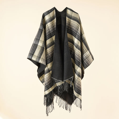 Damen Kastiger Plaid-Ruana aus leichtem Wollmix mit dekorativem Fransensaum – Avérine