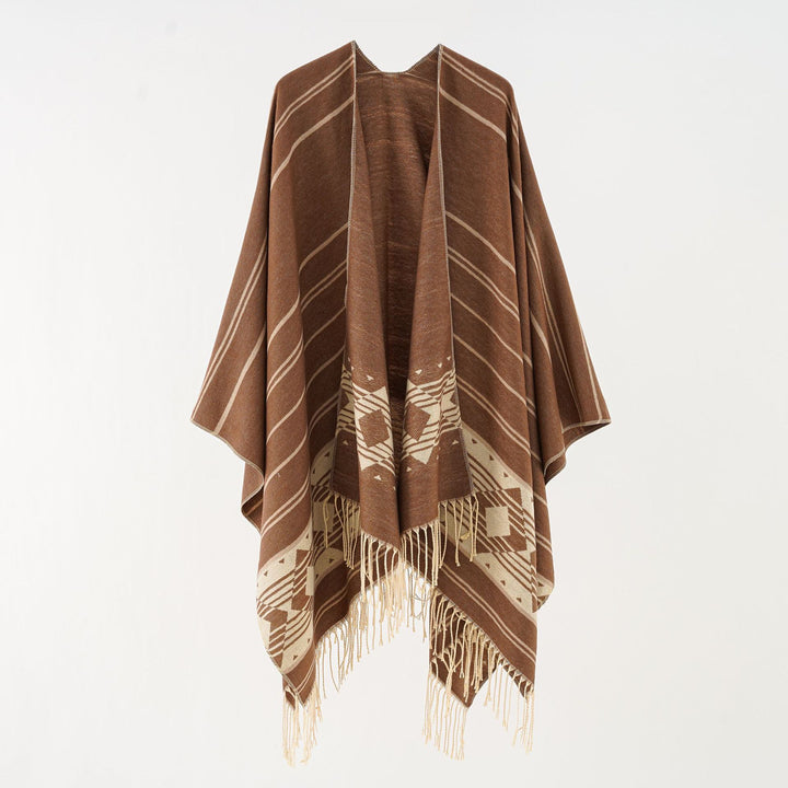Damen Wollmix-Ruana im grafischen Ethno-Jacquard mit Fransensaum – Avérine