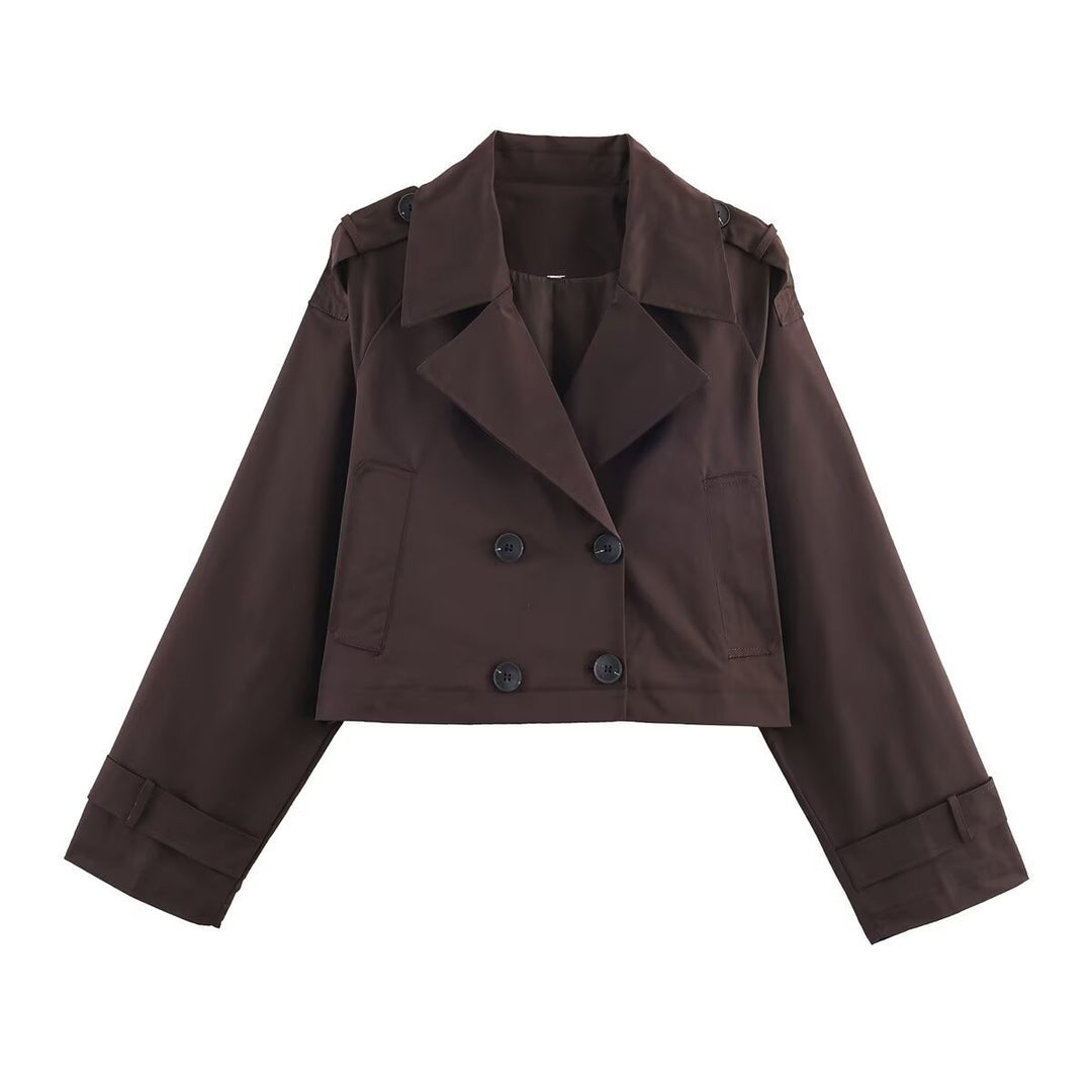 Damen Cropped Doppelreiher-Trenchjacke mit weitem Revers, Epauletten und boxy Schnitt Echo Archiv