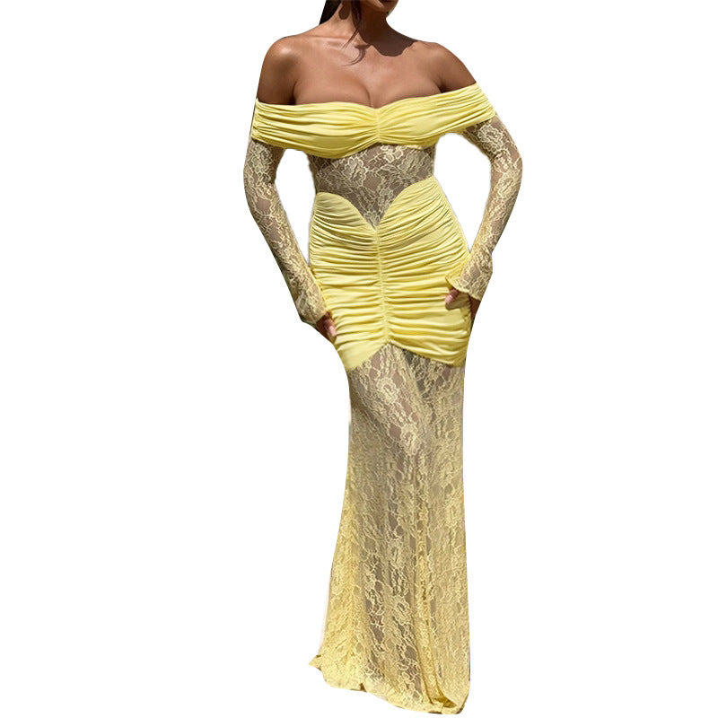 Damen Elegantes schulterfreies Maxikleid mit gerafftem Design und langen Ärmeln Echo Archiv