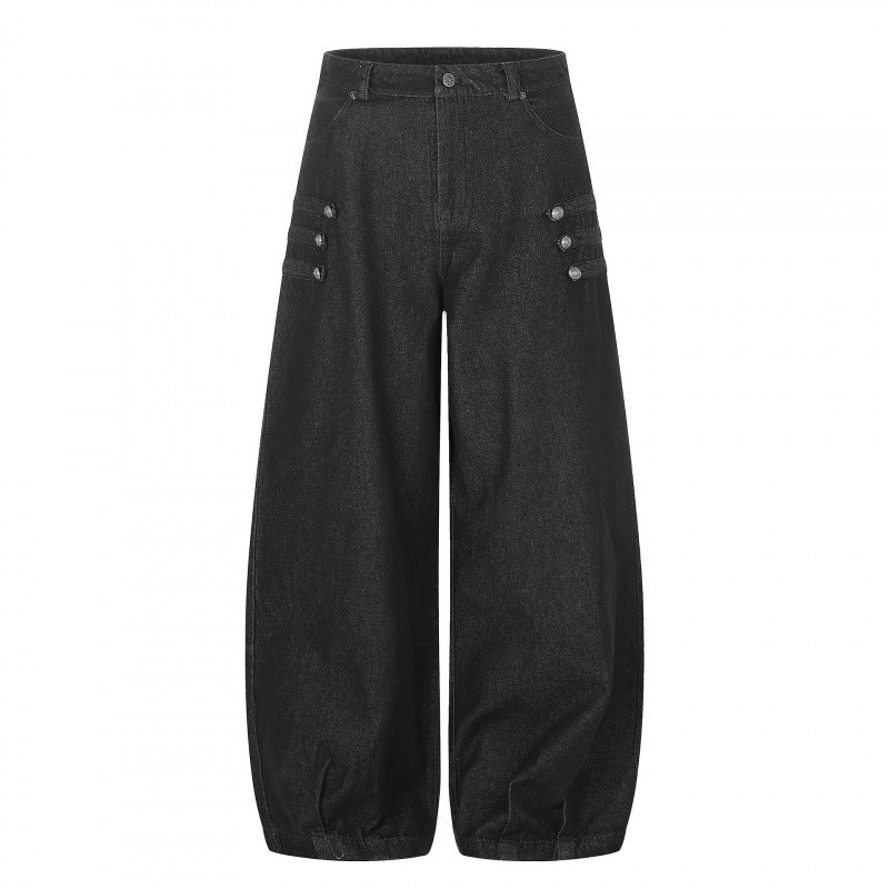 Damen Taillehohe Ballon-Jeanshose mit weitem Bein, Knopfdetail und elastischem Saum Echo Archiv