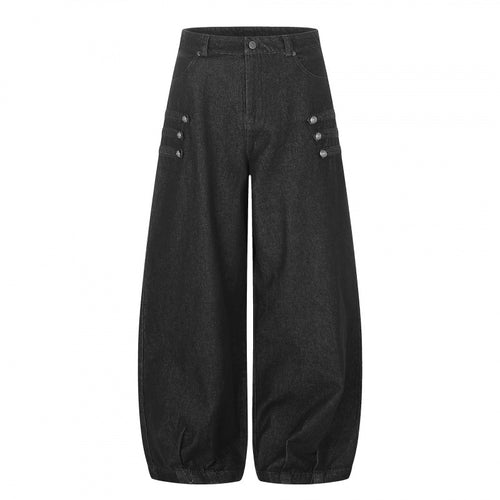 Damen Taillehohe Ballon-Jeanshose mit weitem Bein, Knopfdetail und elastischem Saum Echo Archiv