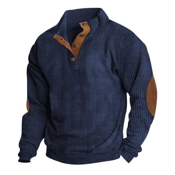Herren Strukturierter Pullover mit Henley-Knopfleiste, Ellbogen-Patches und zweifarbigem Block Echo Archiv