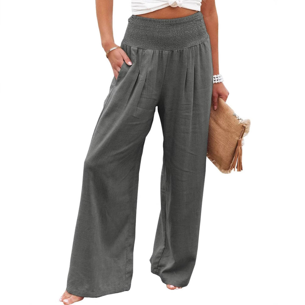 Damen Weite Leinenhose mit Elastischem Bund und Falten Echoarchiv