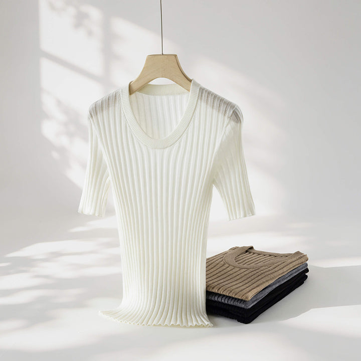 Damen Geripptes Feinstrickshirt mit tiefem U-Ausschnitt und halblangen Ärmeln Echo Archiv