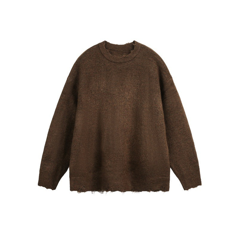 Unisex Oversize Grobstrickpullover mit Rundhalsausschnitt und ausgefranstem Saum Echoarchiv