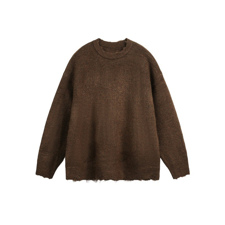 Unisex Oversize Grobstrickpullover mit Rundhalsausschnitt und ausgefranstem Saum Echoarchiv