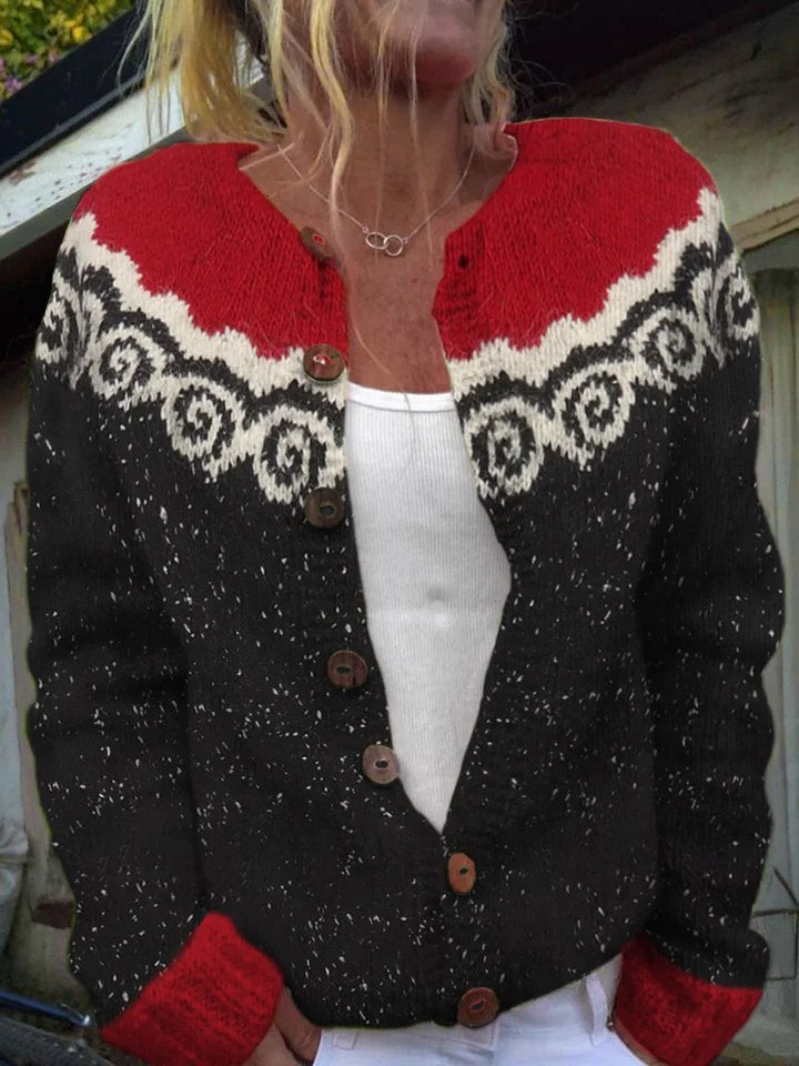 Damen nan gemusterte Strickjacke mit Rundpasse, Holzknöpfen und Eingrifftaschen Echo Archiv