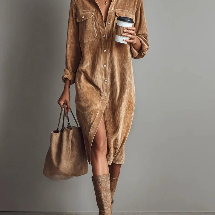 Damen Hemdblusenkleid aus Cord mit Brusttaschen, Knopfleiste und Schlitze Echoarchiv