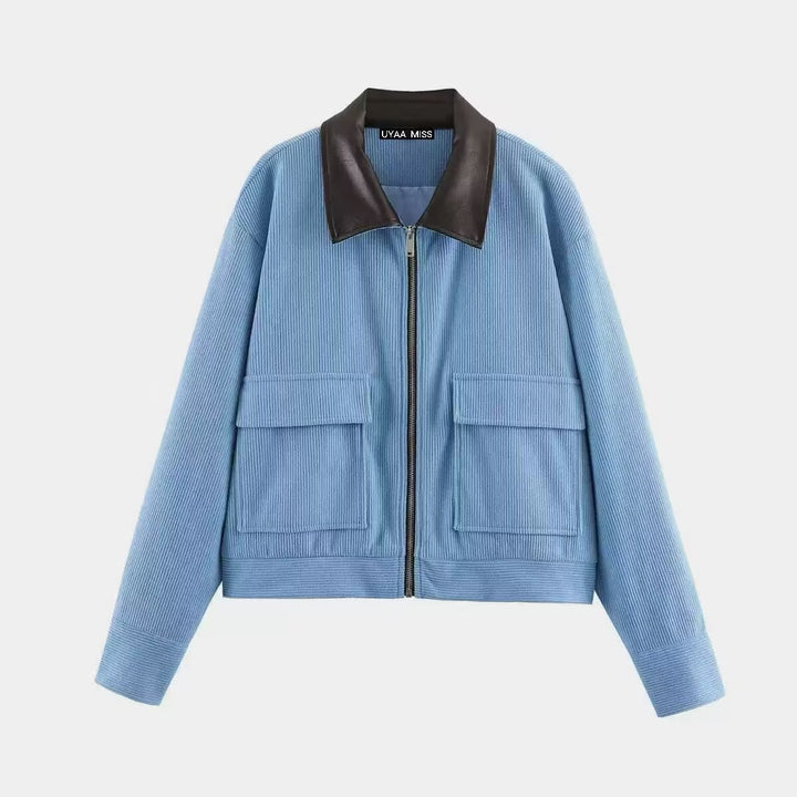 Damen Kurze Cordjacke im Blousonstil mit Lederkragen und aufgesetzten Klappentaschen Echo Archiv