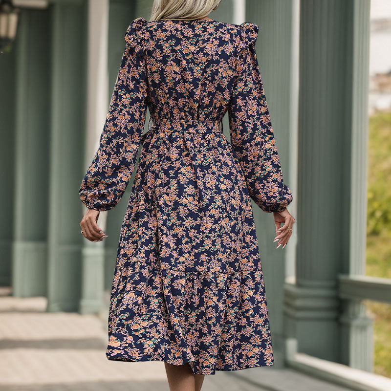 Damen Wickel-Midikleid mit V‑Ausschnitt, Volant-Schultern & Taillenband Echoarchiv