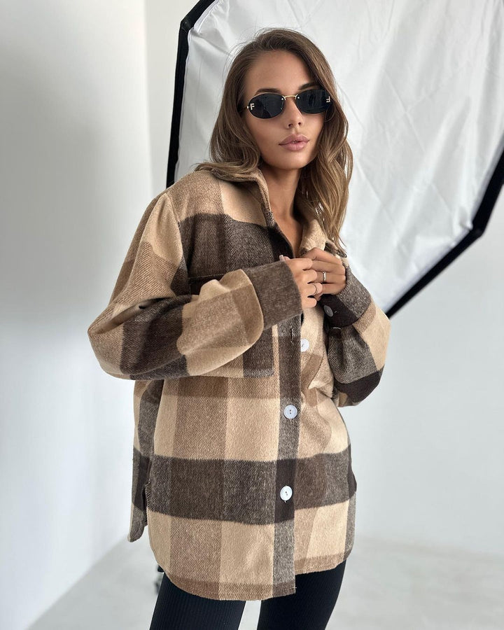 Damen Karierter Overshirt im Shacket-Stil mit Saumtaschen und Knopfverschluss Echoarchiv