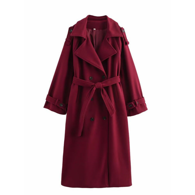 Damen langer doppeltreihiger Wollmix-Trenchcoat mit Gürtel und breitem Revers Echo Archiv