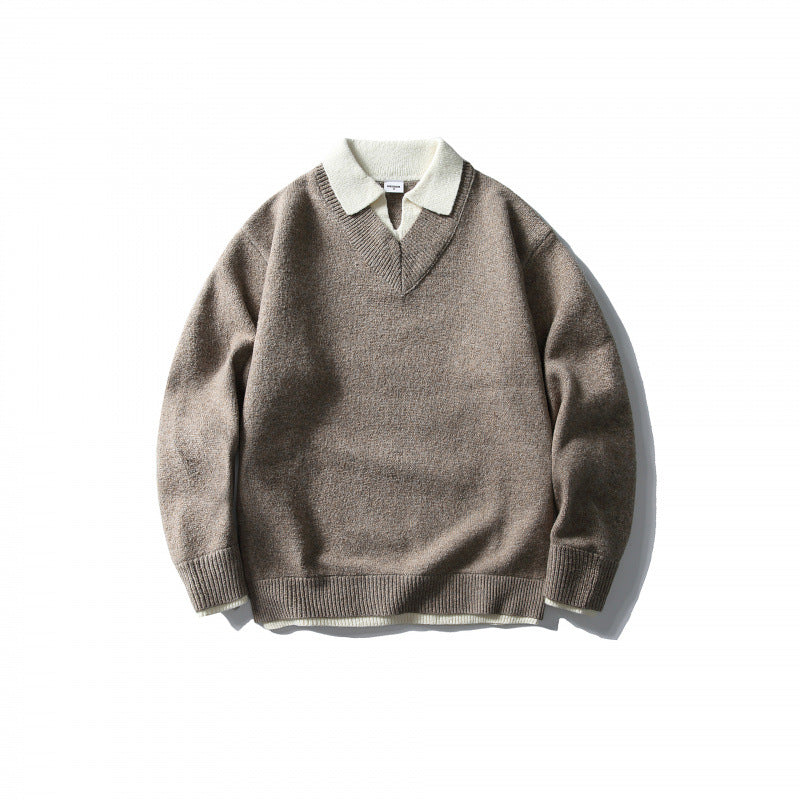 Unisex Oversize-Strickpullover mit kontrastierendem Polokragen und V‑Ausschnitt Echo Archiv