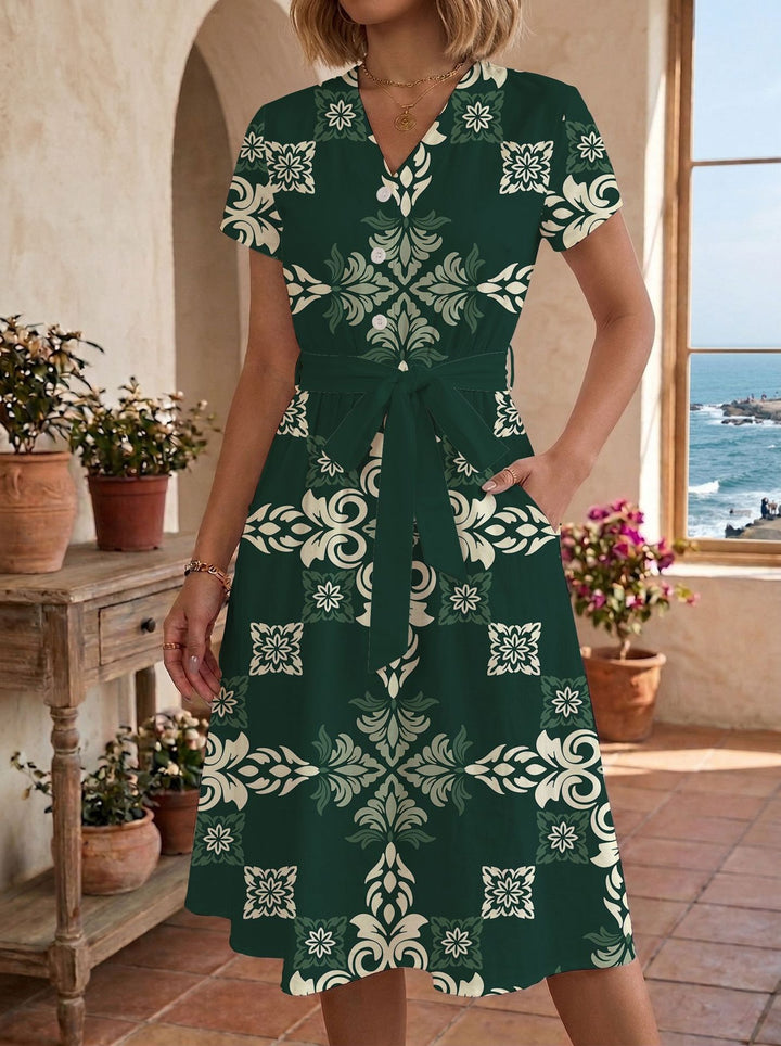 Damen Sommerliches Kleid mit taillierbarem Bindegürtel und floralem Muster Echo Archiv