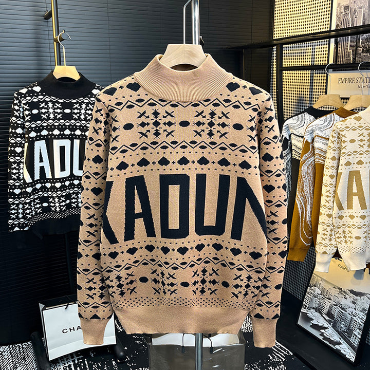 Herren Rollkragenpullover mit Norweger-Jacquard und großflächigem Logoprint Echoarchiv