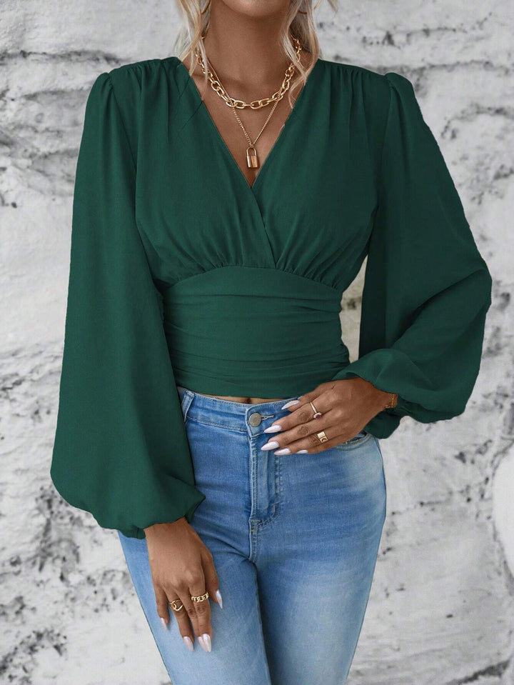 Damen Wickel-Cropped-Top mit geraffter Taillenpartie und weiten Ballonärmeln Echo Archiv