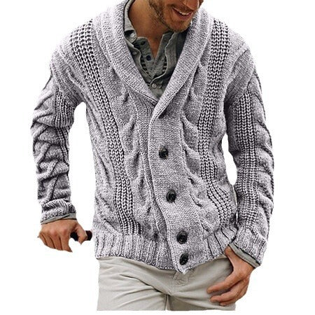 Herren Strickjacke mit modernem Kabelmuster und großem Schalkragen Echoarchiv