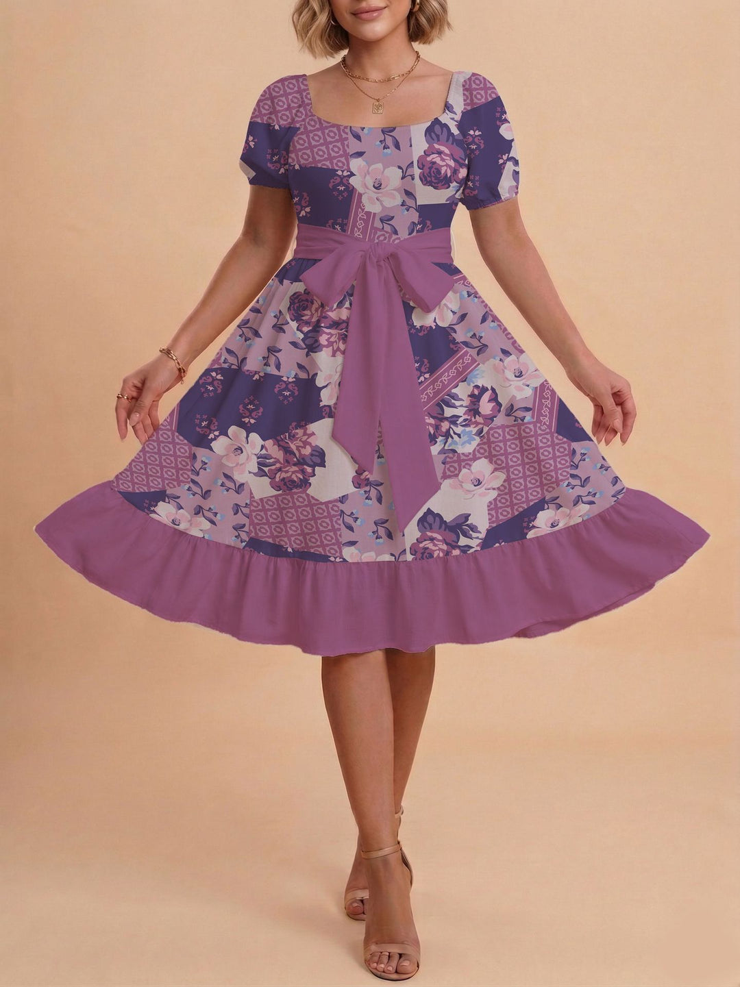 Damen Retro Maxikleid mit Puffärmeln und Taillengürtel Echo Archiv