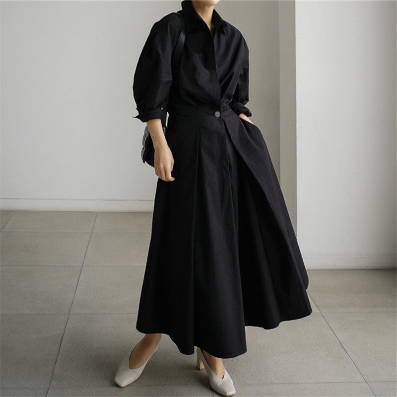 Damen Midaxi-Hemdblusenkleid mit tailliertem Drapé und weitem Tellerrock Echoarchiv