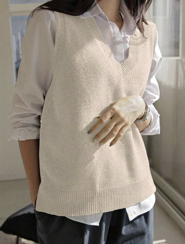 Damen Feinstrick-V-Ausschnitt Pullunder aus weichem Wollmix – Mavelle