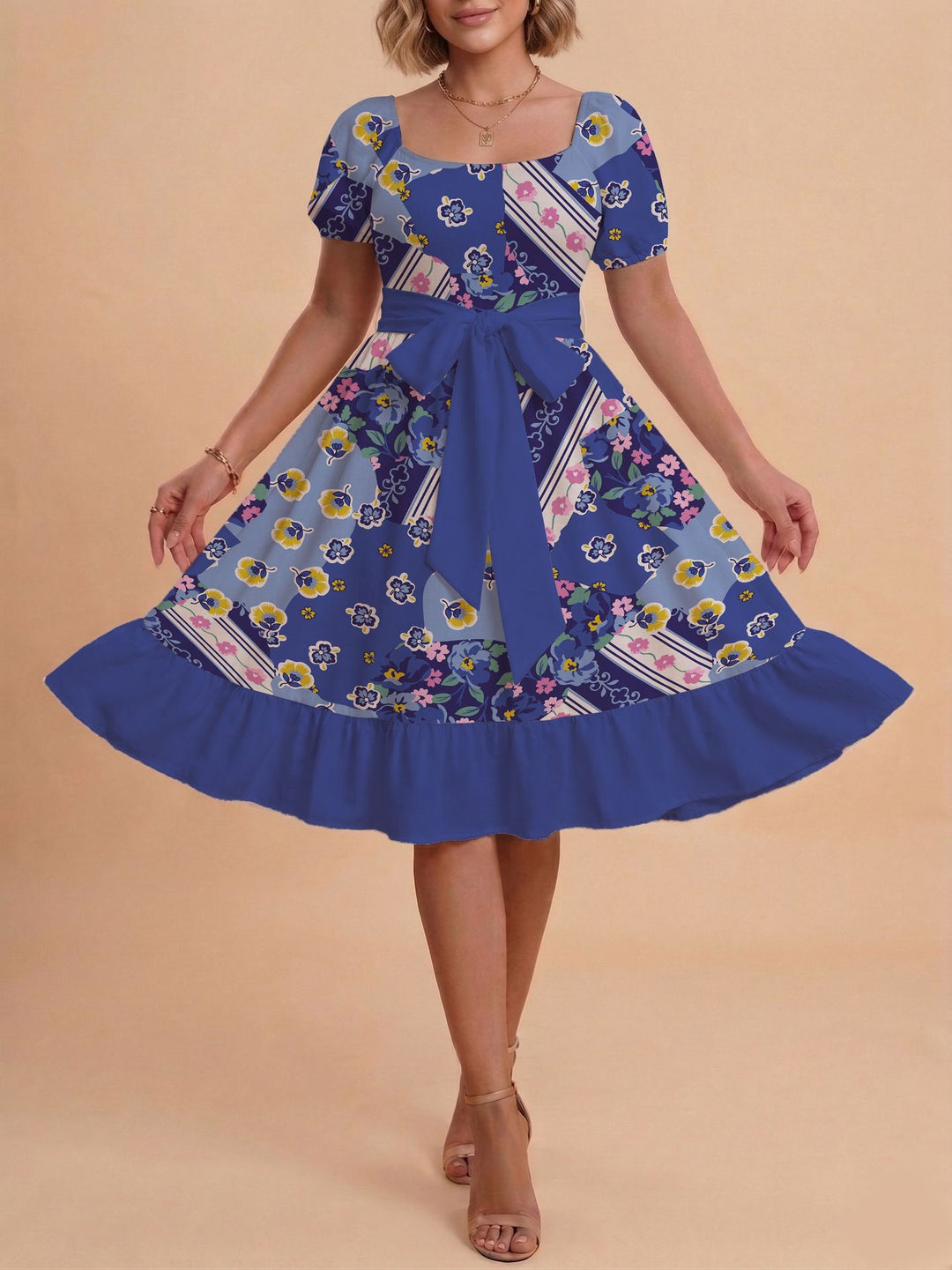Damen Retro Maxikleid mit Puffärmeln und Taillengürtel Echo Archiv