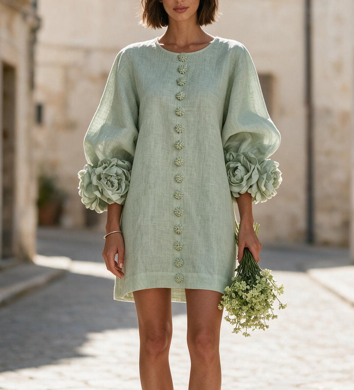 Damen Kurzkleid aus Leinen mit voluminösen Ballonärmeln und 3D-Blumenmanschetten Echoarchiv