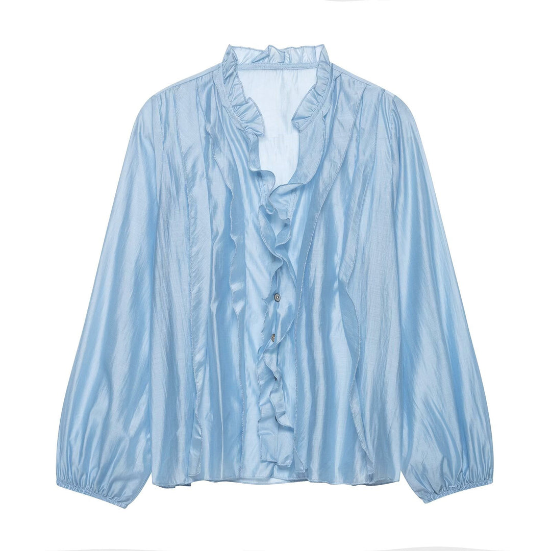 Damen Glänzende Rüschenbluse aus Taft mit Stehkragen und Ballonärmeln Echo Archiv