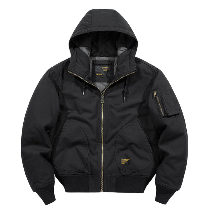 Herren  isolierte Kapuzen-Canvas-Arbeitsjacke Bomber mit geschwungenen Handtaschen und verstärktem Ärmel-Reißverschlussfach Echo Archiv