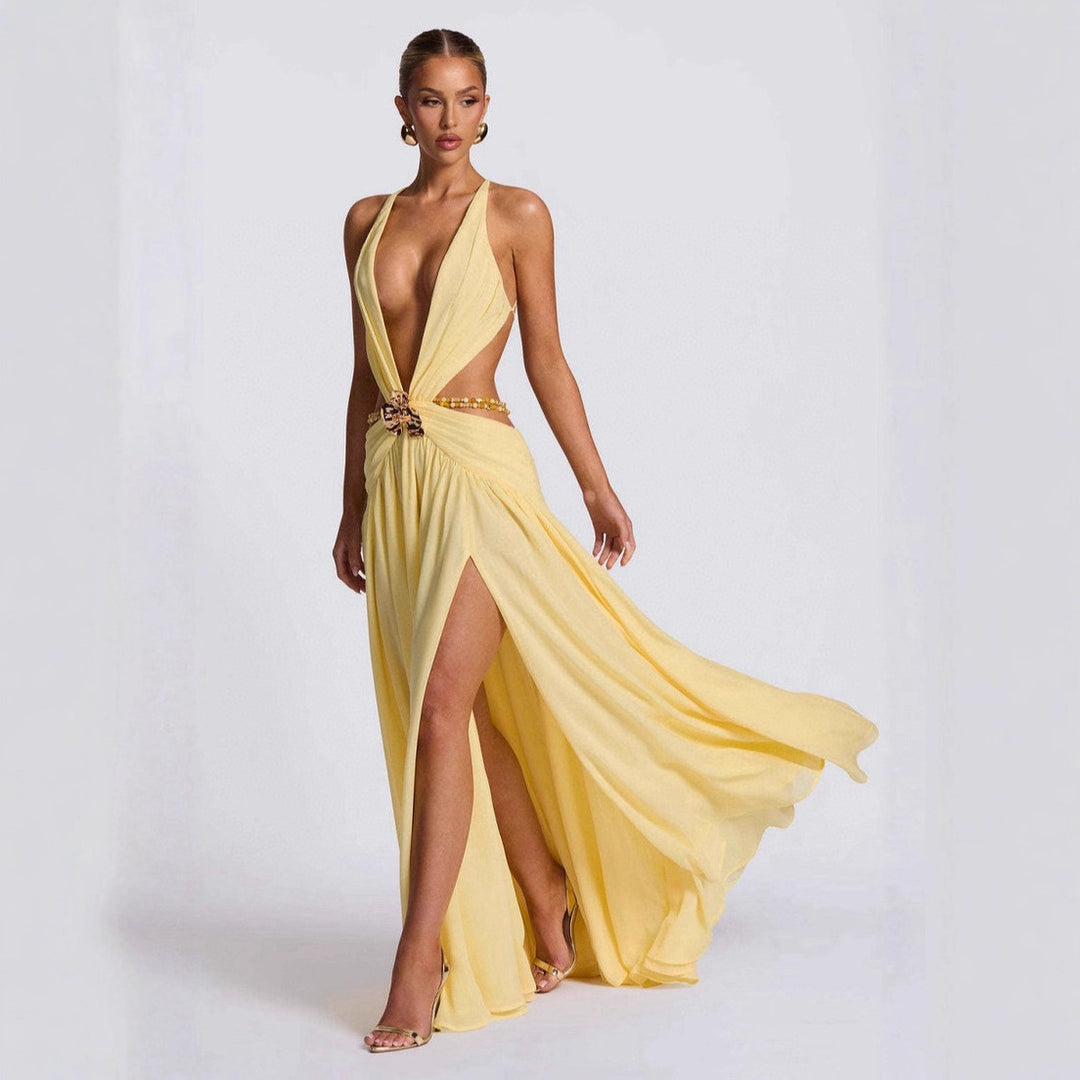 Damen Maxikleid mit tiefem V-Ausschnitt und elegantem Wickeldesign Echo Archiv