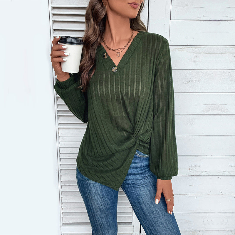 Damen Tailliertes Rippstrick-Longsleeve mit V‑Ausschnitt, Knopfleiste und Twist‑Knoten Echoarchiv