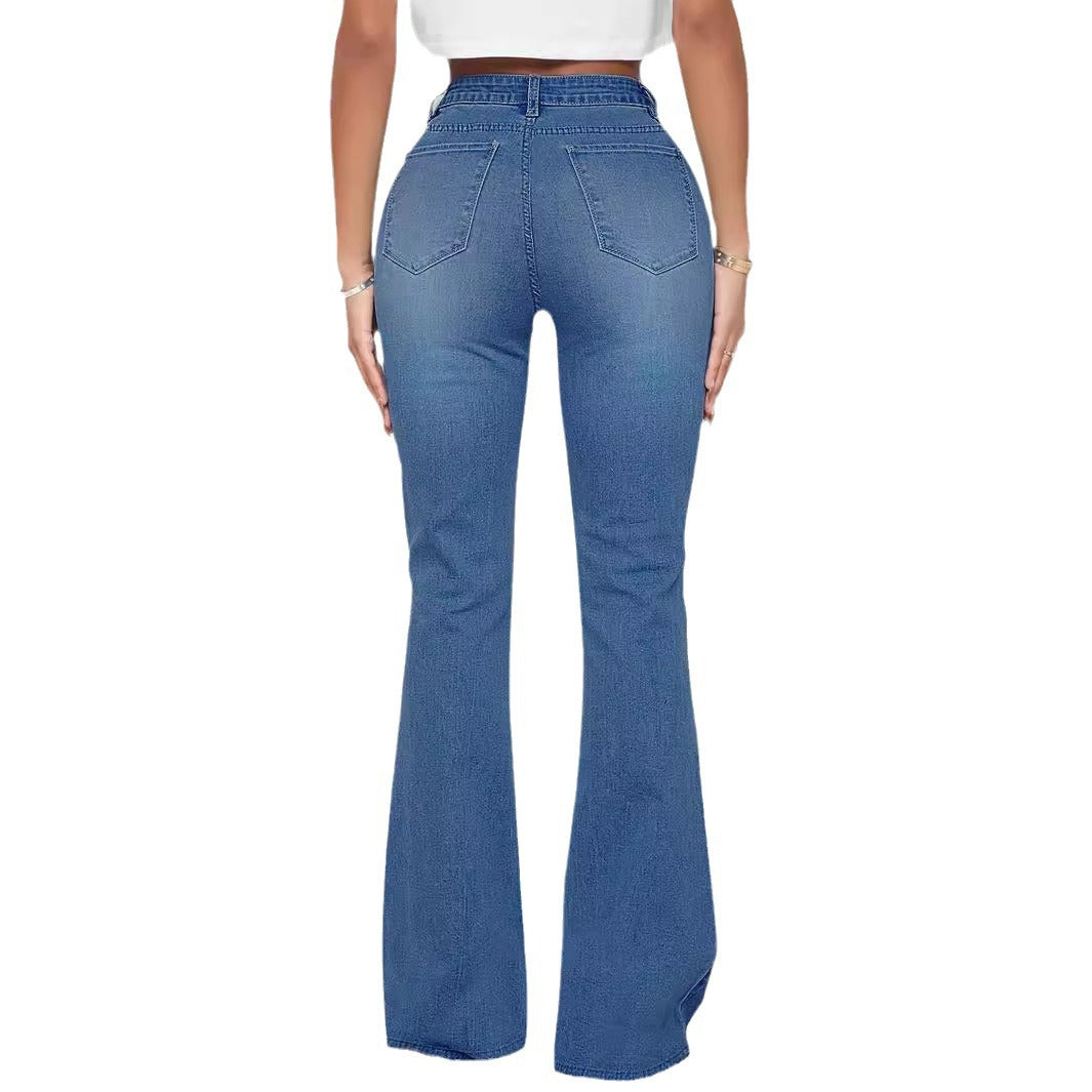 Damen Jeans-Schlaghose mit hoher Taille und Perlenapplikation Echo Archiv