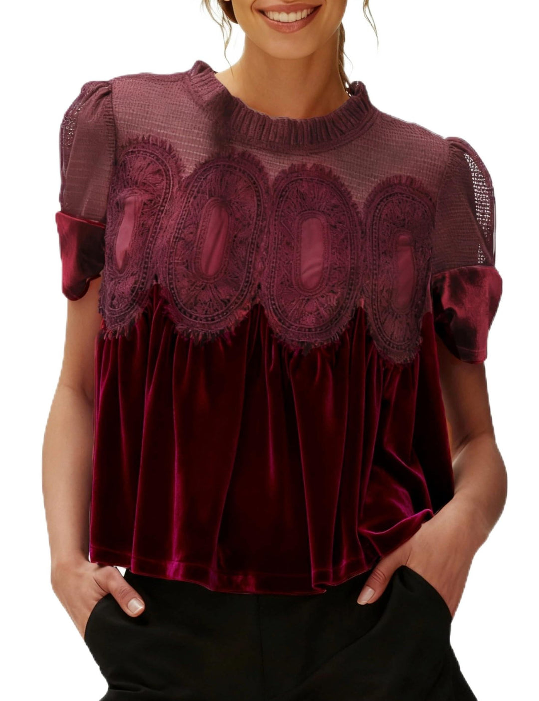 Damen Samtbluse mit Spitzenbesatz, transparentem Einsatz und geraffter A-Linie – Élovi