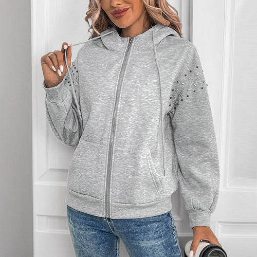 Damen Kapuzenjacke mit Reißverschluss und Perlendetail an den Ärmeln Echoarchiv