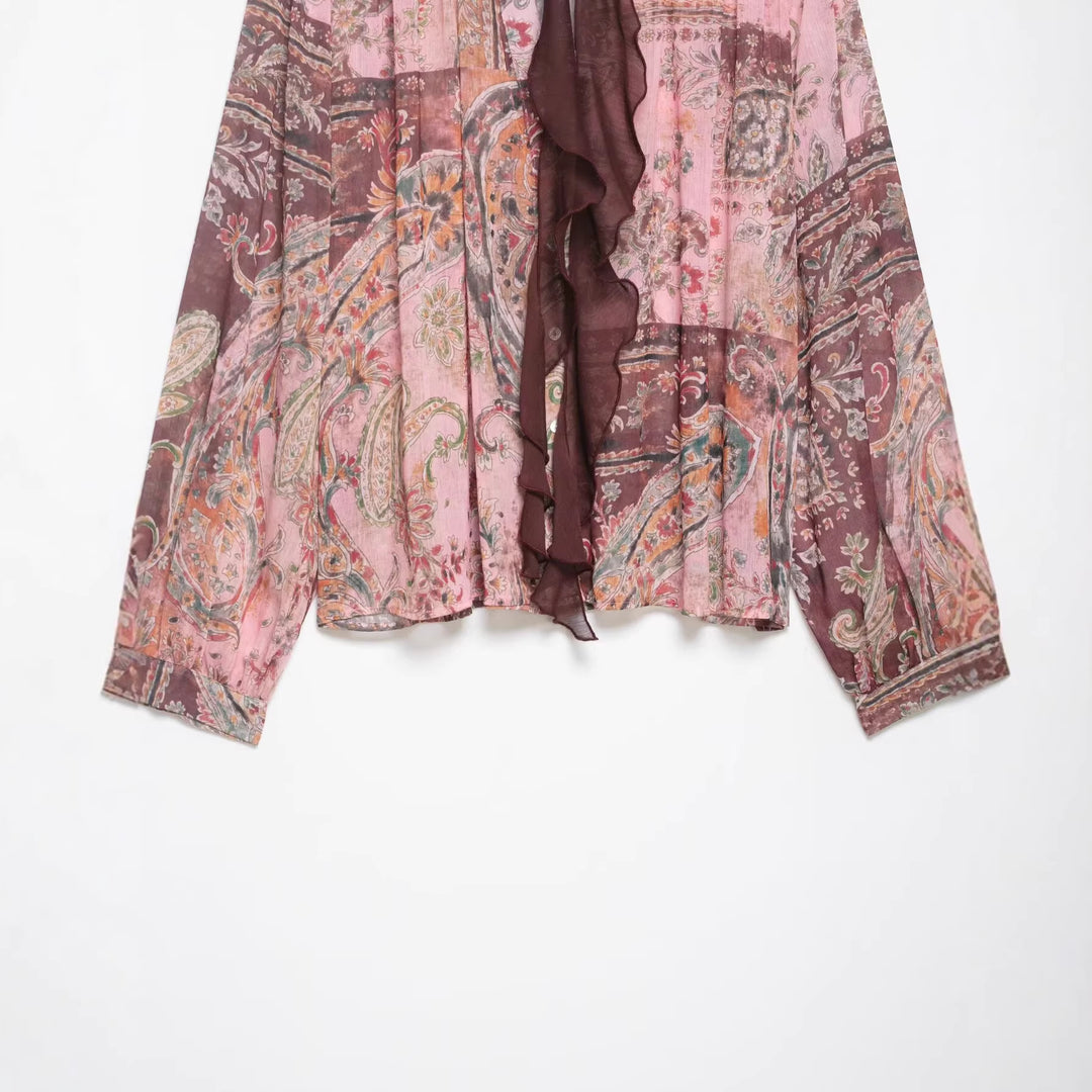 Damen Chiffonbluse im Paisley-Print mit Schleifenkragen und Rüschenfront Echoarchiv