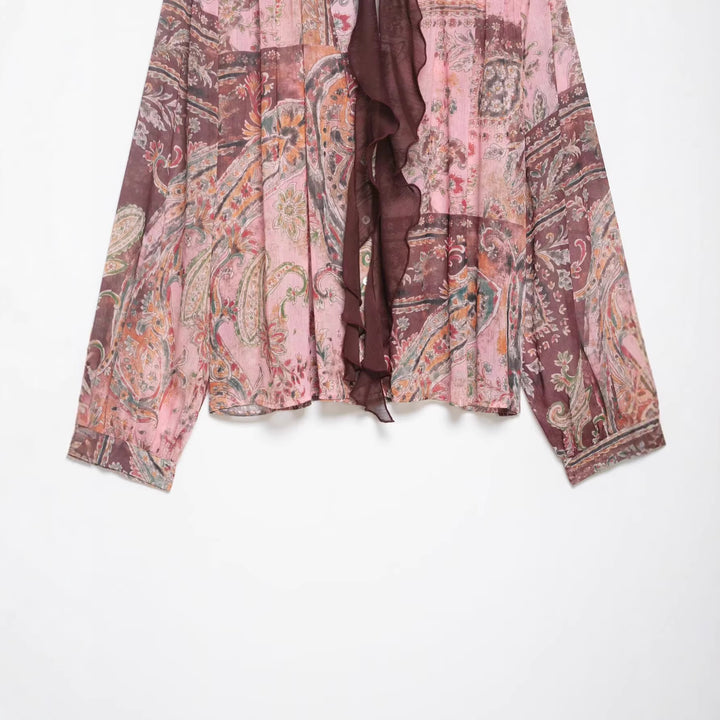 Damen Chiffonbluse im Paisley-Print mit Schleifenkragen und Rüschenfront Echoarchiv