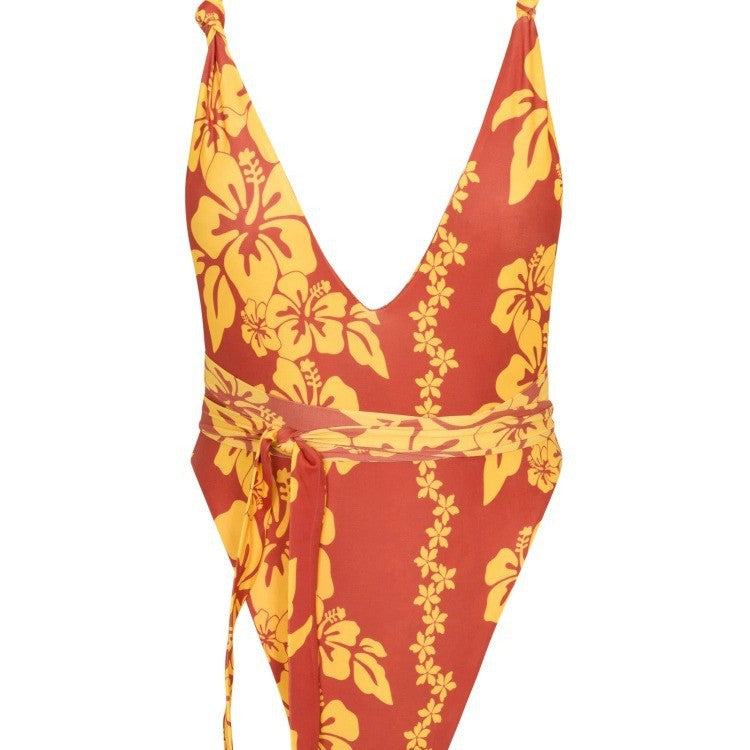 Damen Einteiliger Badeanzug mit tiefem V-Ausschnitt und floralem Design Echo Archiv