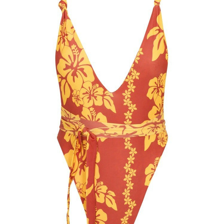 Damen Einteiliger Badeanzug mit tiefem V-Ausschnitt und floralem Design Echo Archiv