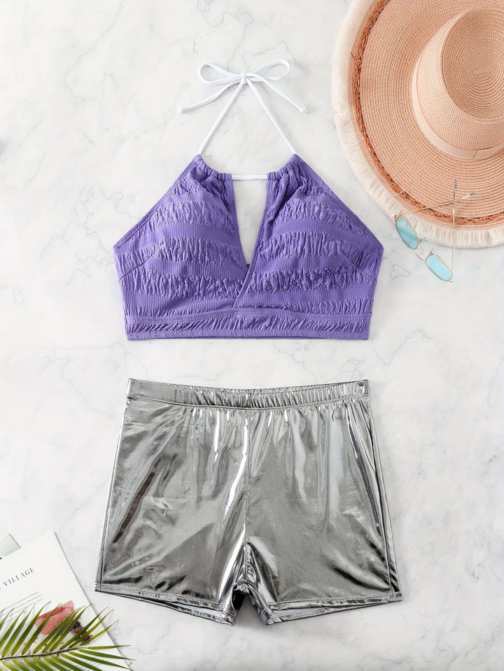 Damen Bikini-Set mit floralem Oberteil und hochglänzenden Shorts Echo Archiv