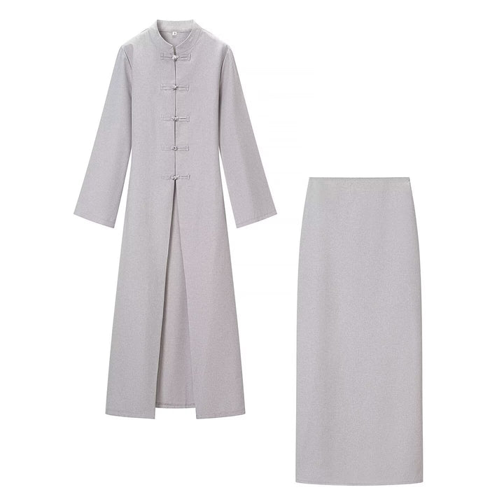 Damen Langärmliges Maxikleid mit Stehkragen Knebelknopfverschluss und vorderem Schlitz Echo Archiv