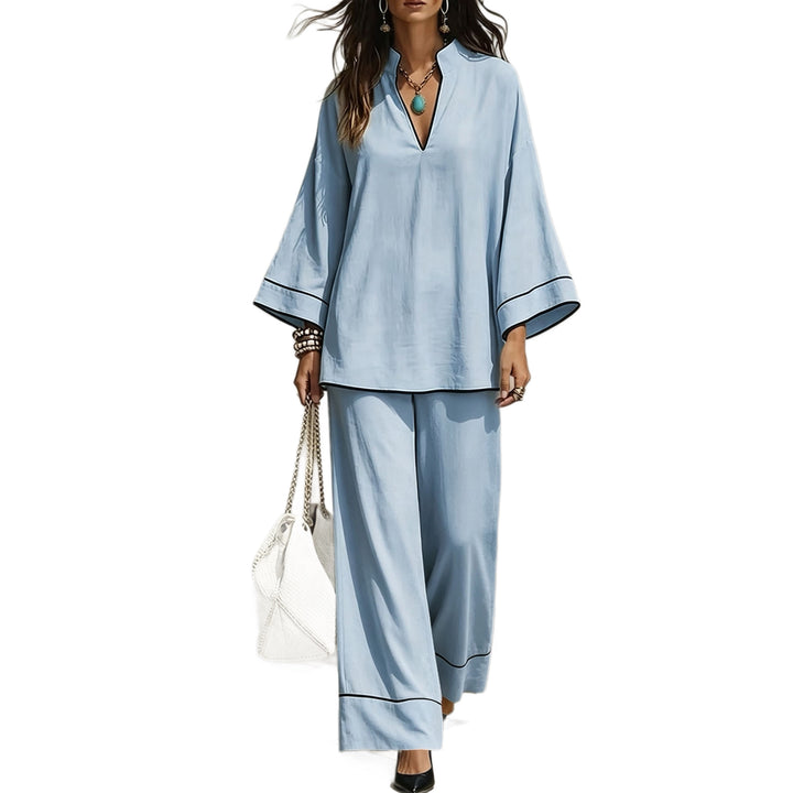 Damen Lässiges zweiteiliges Leinenoptik-Loungewear-Set mit Stehkragen, V-Ausschnitt und weitem Beinschnitt Echoarchiv