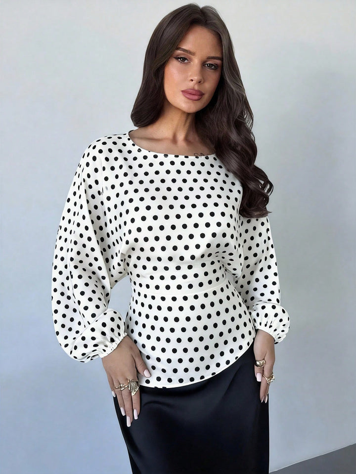 Damen Polka-Dot Satinbluse mit Ballonärmeln und weitem Rundhalsausschnitt – Élovi