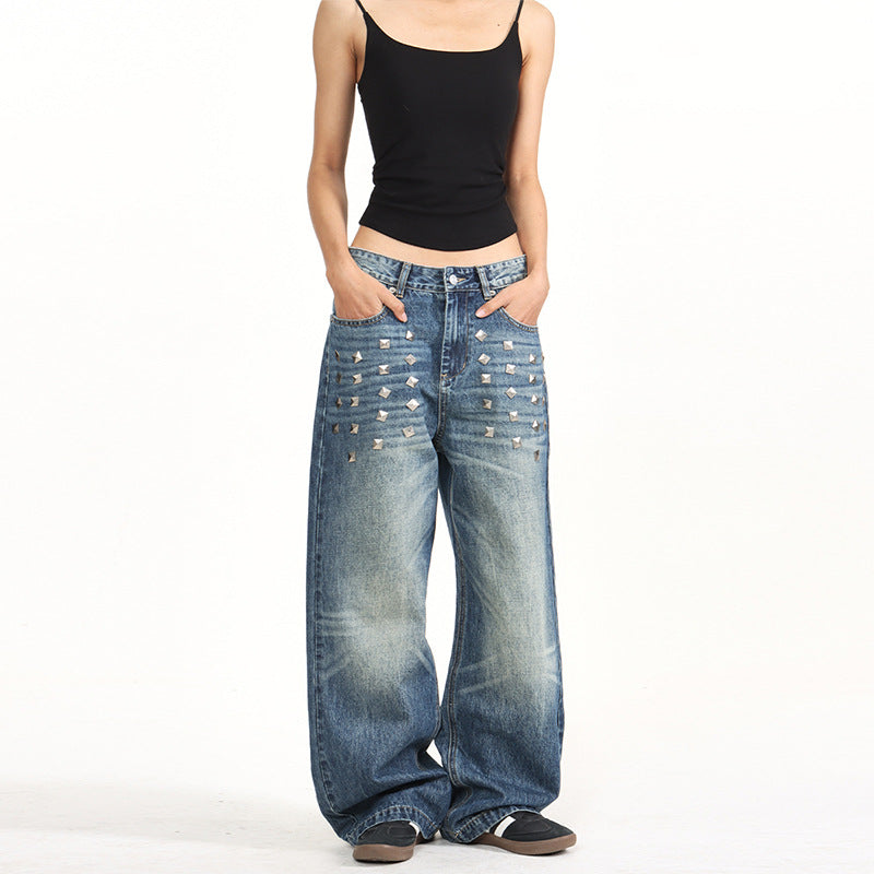 Damen Extraweite Nieten-Baggy-Jeans mit tiefem Bund und Used-Wash Echo Archiv