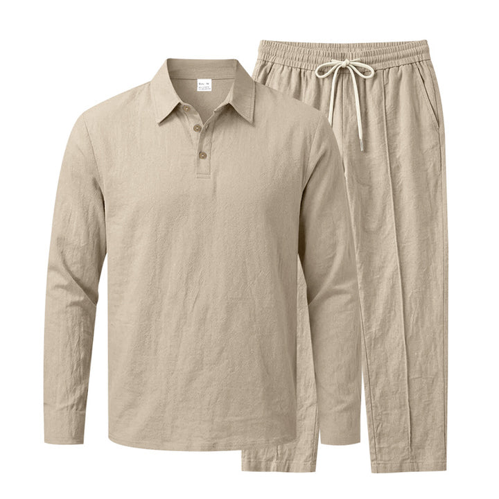 Herren Langarm-Henley-Lounge-Set aus leichter Baumwollmischung mit Kordelzug Echoarchiv