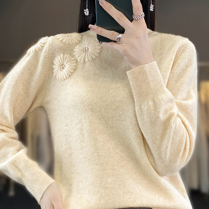 Damen Weicher Feinstrickpullover mit kurzem Stehkragen, 3D‑Blütenapplikation und gerippten Bündchen Echoarchiv