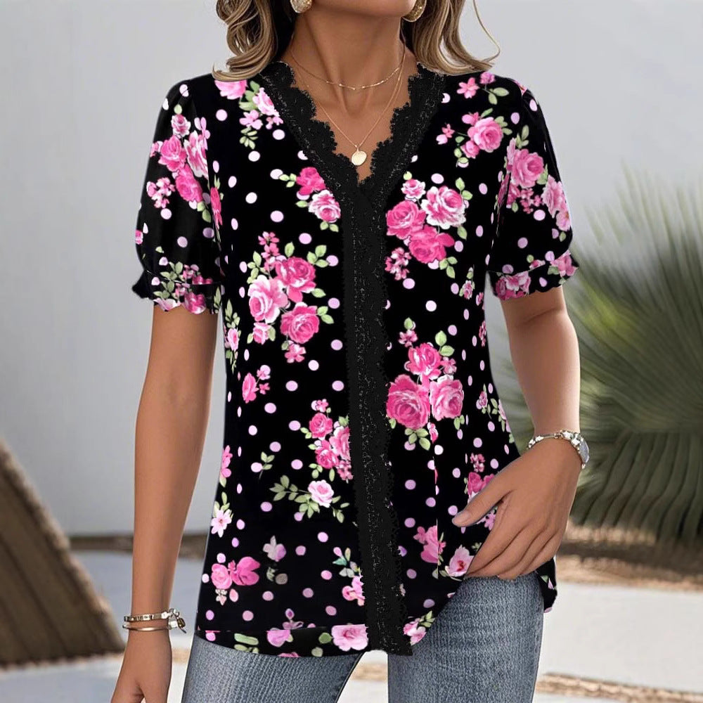 Damen nan florale V-Ausschnitt-Bluse mit dekorativer Spitzenblende und gerafften Kurzärmeln Echo Archiv