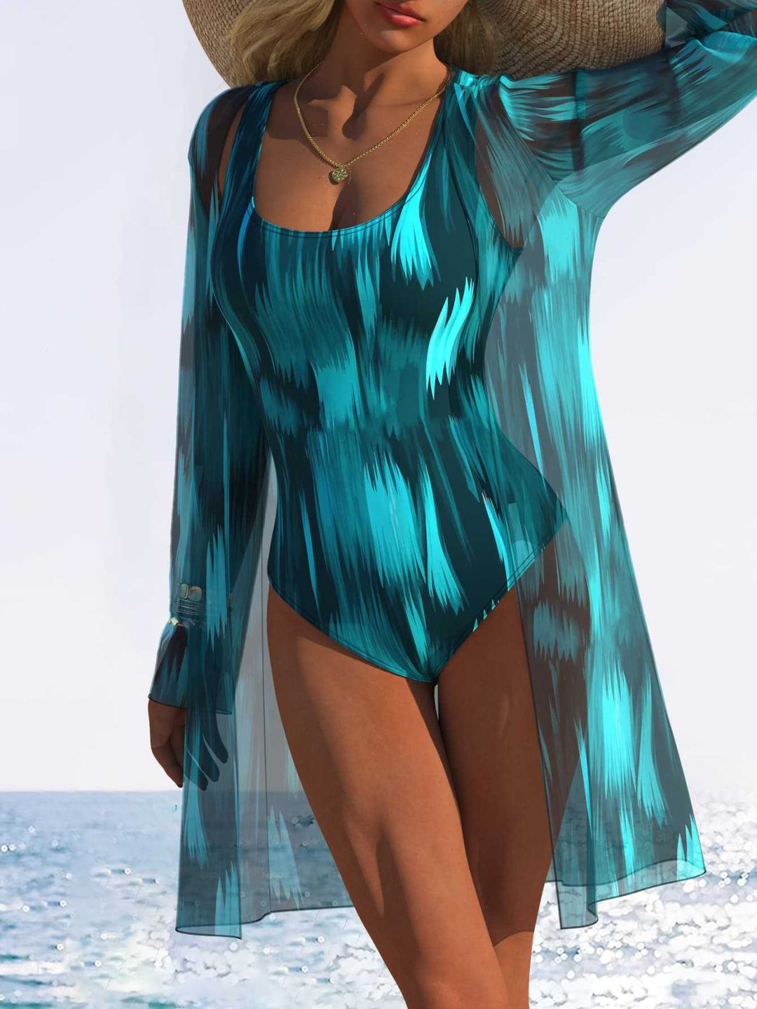 Damen Einteiliger Schwimmanzug mit transparentem Überwurf und modernem Wellenmuster Echo Archiv